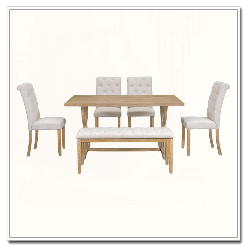 Ensemble de salle à manger 6 pièces avec chaises rembourrées et banc 6 pièces, Bois naturel délavé