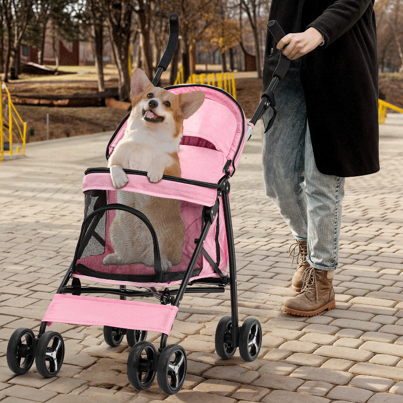 4 Wheel Folding Pet Stroller, Foldable Dog Jogger Stroller with Adjustable Canopy and Mesh Window, Pink