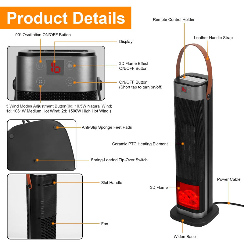 1500w Portable Space Heater With Fireplace Effect, 90° Oscillating Tower Heater With Remote, Adjustable Thermostat, 12-hr Timer, Overheat & Tip-over Protection For Indoor Use