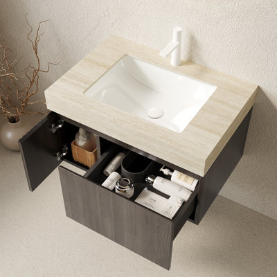 Meuble-lavabo 48 po avec lavabo, meuble-lavabo flottant simple, meuble-lavabo Heidelberg avec comptoir en travertin Roma, lavabo en céramique à 3 trous, tiroir à fermeture en douceur et portes, pré-assemblé
