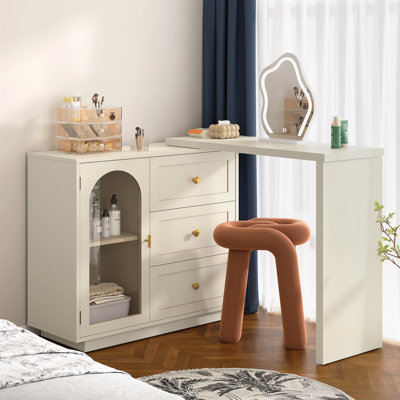 Yokota Extendable Makeup Vanity Table with 3 Drawers and Acrylic Door