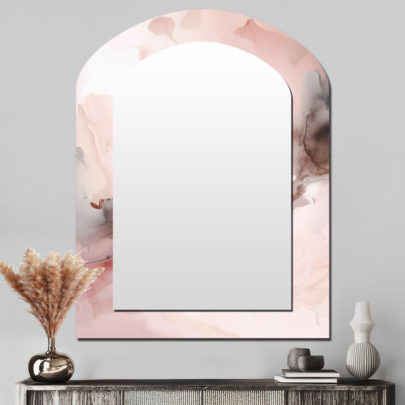 Rose délicat abstrait marbre III - miroir arqué en marbre, miroir mural décoratif asymétrique rose, impression d'art en métal