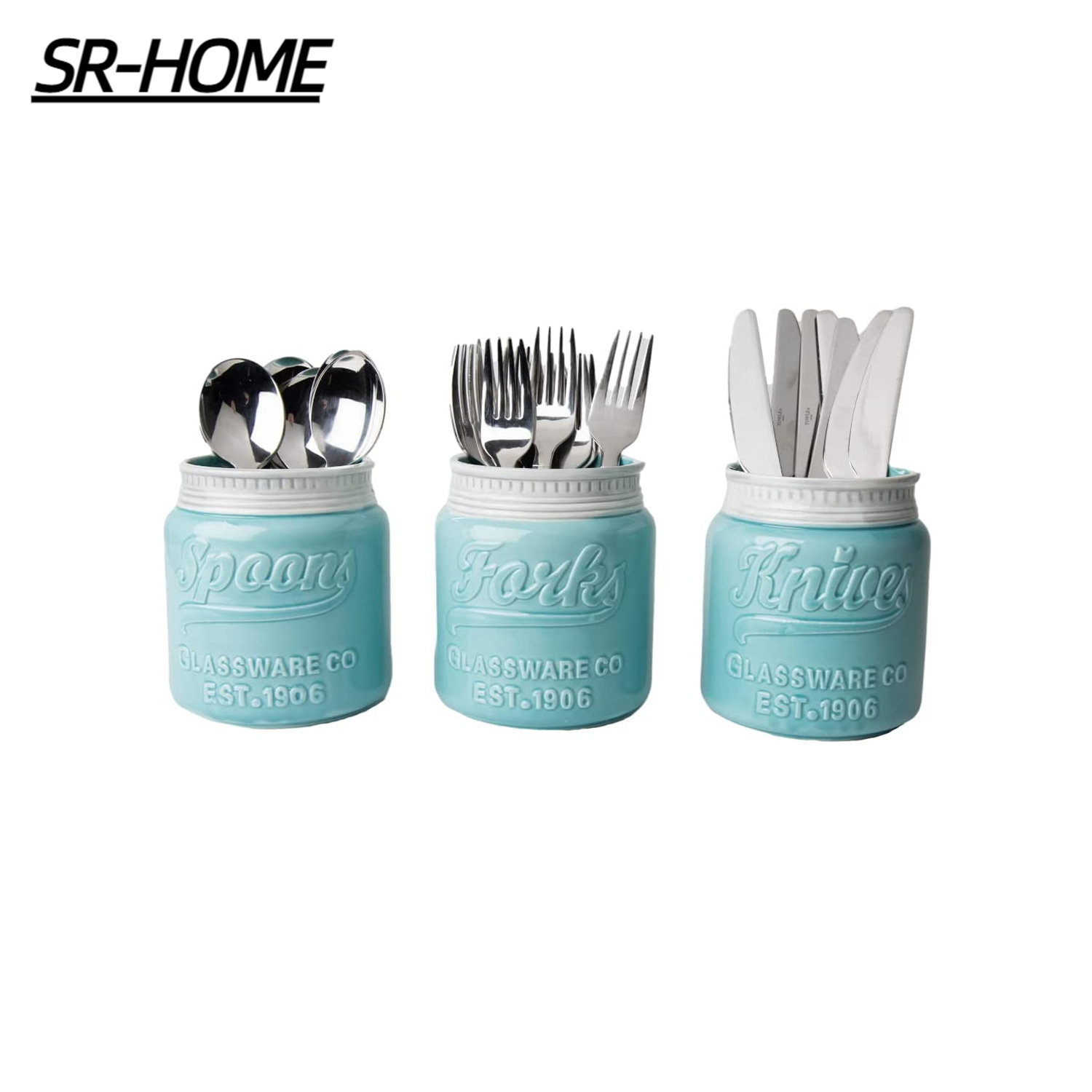 Home Essentials Aqua Mason Jar Ceramic Utensil Holder