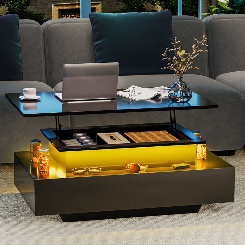 Modern Lift Top Coffee Table with 4 Drawers & LED Lights, Black