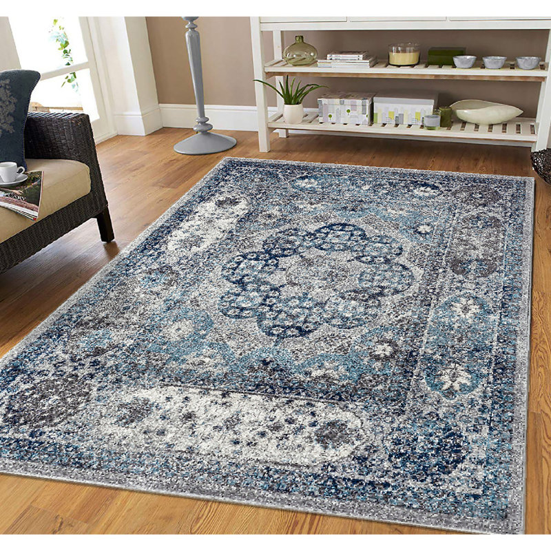Tapis gris tissé à la machine 4 pi x 6 pi Medallion