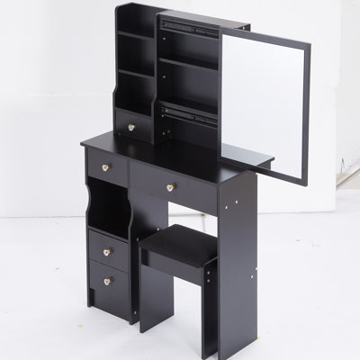 Petit meuble-lavabo de 29,2 po avec tiroir à gauche et tabouret rembourré, très grand miroir coulissant à droite, rangement multi-couches à grande capacité, commode pratique, certificat EPA, GCC, UL