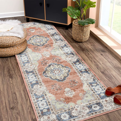 Boho Luxurious Vintage Floral Printed Area Rug Living Room Washable Stain Resistant Durable Carpet Bedroom Erasable Non-Shedding Soft Floor Mat Bedside Rug Farmhouse Decor