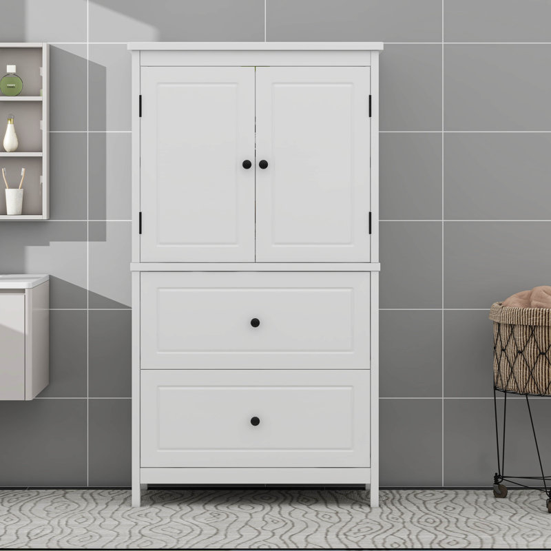 Armoire de rangement pour salle de bain avec 2 portes et tiroirs - Tablette réglable, Blanc