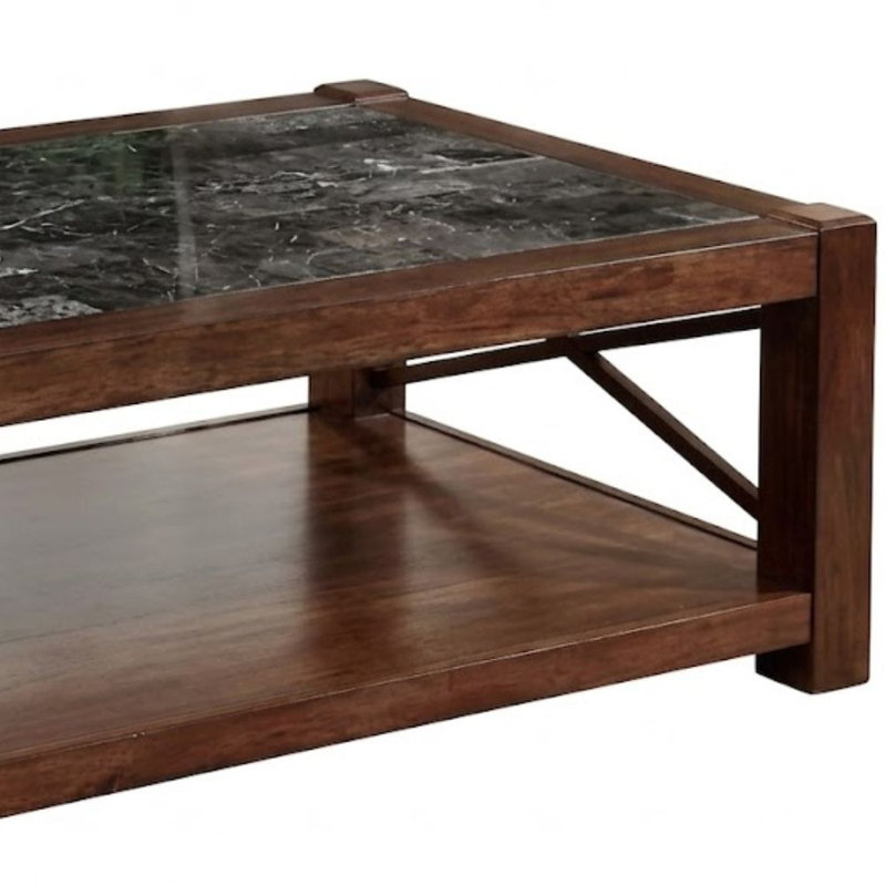 Faustine Table basse rectangulaire en faux marbre brun cerise avec tablette inférieure et panneaux latéraux en X