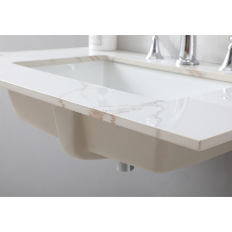 Élégant comptoir de salle de bain 31 po en or, avec pierre frittée, lavabo en céramique, dosseret, conception encastrée de 31 pouces