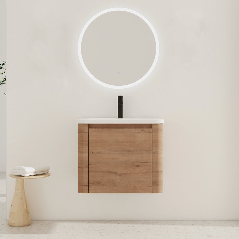 Meuble-lavabo mural moderne Mid-Century avec lavabo en céramique blanc 24 po Modern