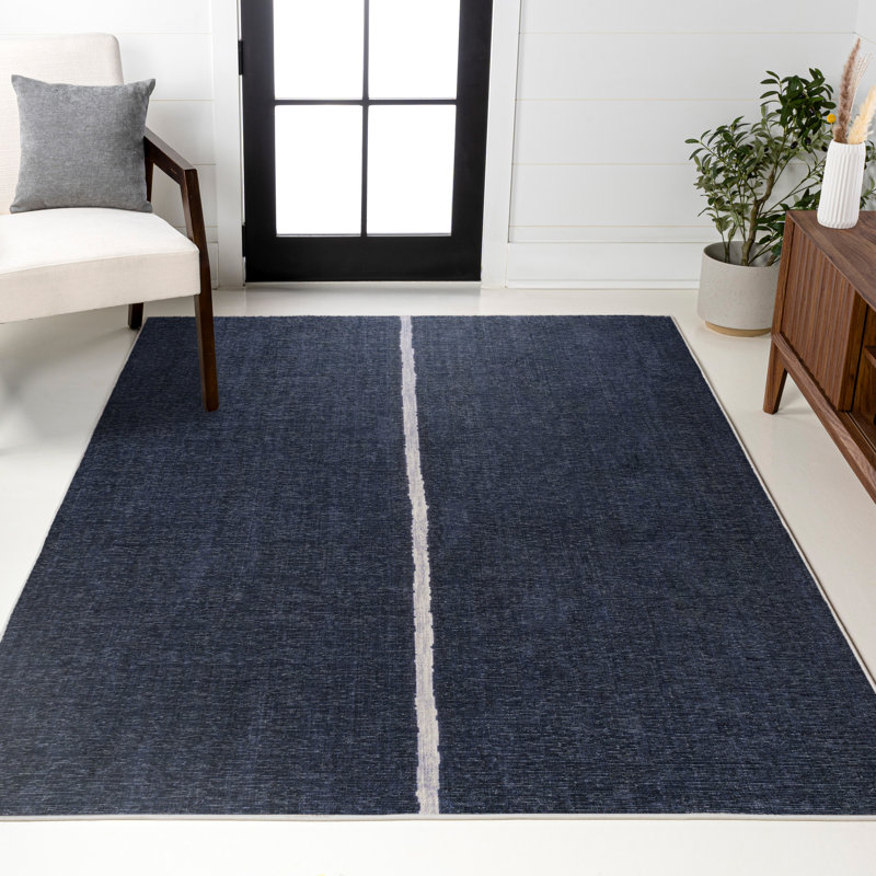 Amdrew Solid Centre Stripe Machine-Washable Navy/Grey Rug, Rectangle 3'11" x 6'