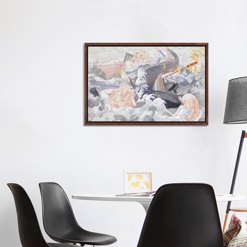 The Loneliest Whale In The World II by Sija Hong - Painting on Canvas, Classic Brown Wood Framed, 101.6 cm H x 66.04 cm W