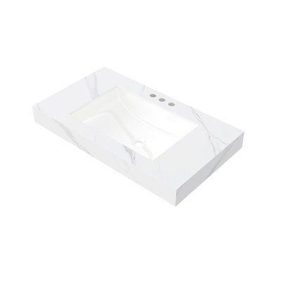 Comptoir en pierre frittée blanche 36 po et lavabo encastré en céramique avec trois trous pré-percés standard, sans armoire, sans robinet ni couvercle d'évier Muri Carrara
