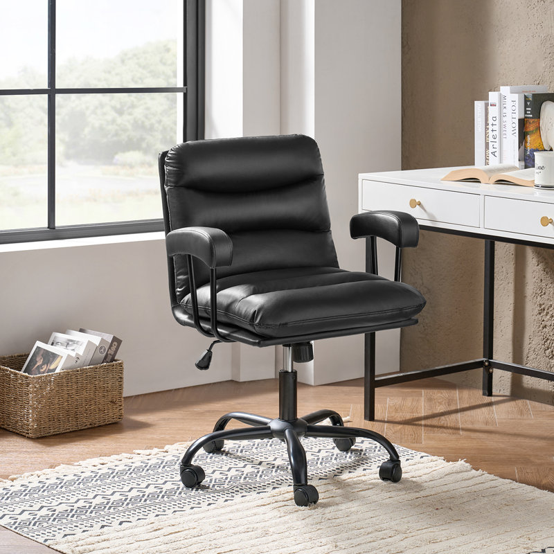 Kaynath Modern 25" W Faux Leather Office Chair with Lumbar Support, Black