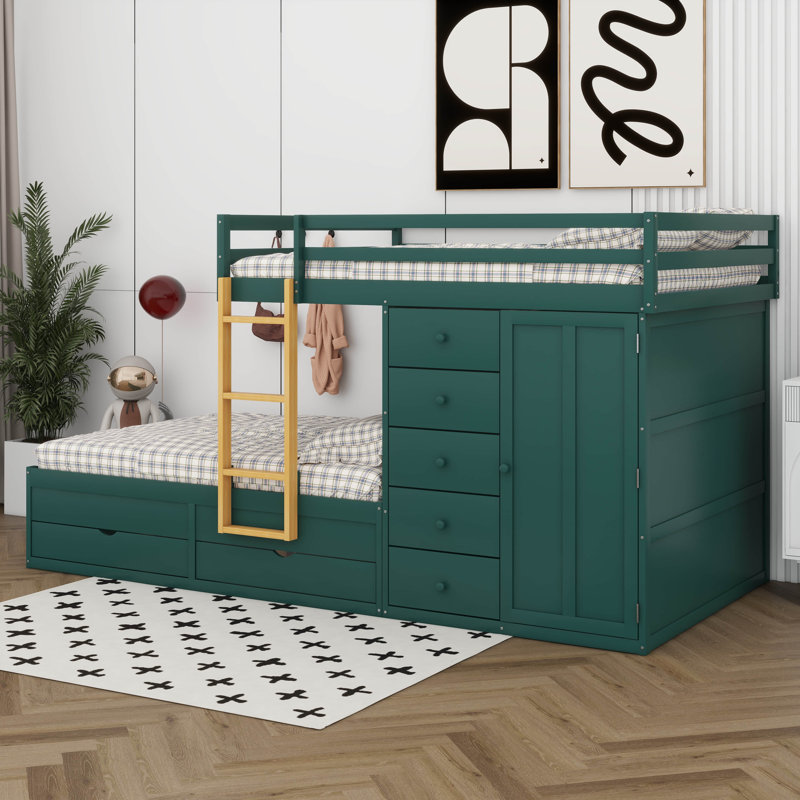 Lit superposé double avec garde-robe et 5 petits tiroirs, lit superposé en bois avec 2 grands tiroirs et échelle, rangement moderne