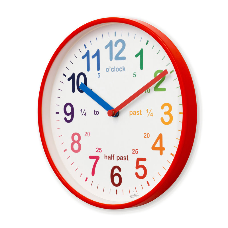 Acctim Wickford Kids Teaching Wall Clock Quartz Rainbow Dial Quarter Markers 20cm, Red