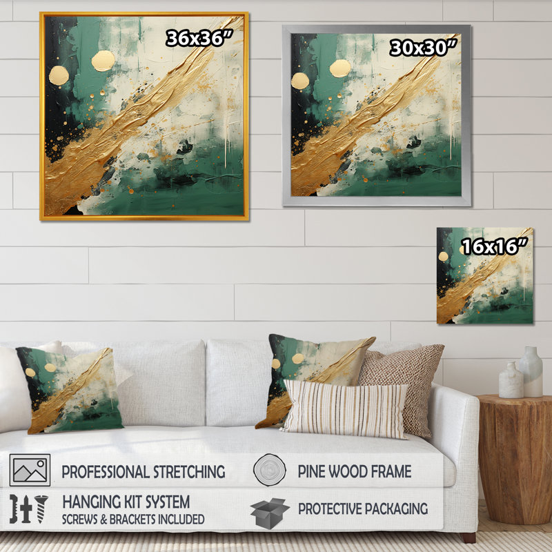 «Gold and Green Paint Fusion III», reproduction sur toile, Cadre flottant noir, H 24 po x l 24 po x P 1 po