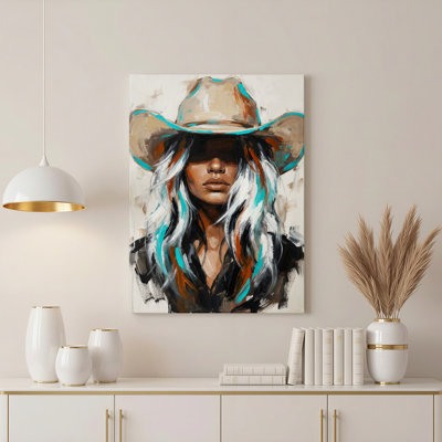 Femme au chapeau de cowboy et aux cheveux colorés - Toile tendue sur châssis (1 pièce)