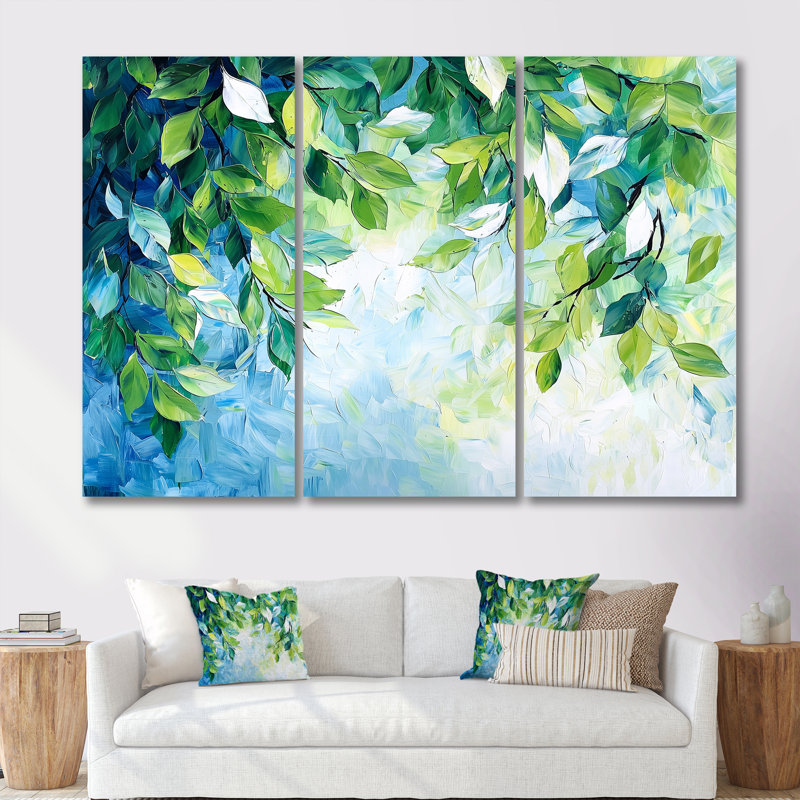 «Summer Green Branches In The Wind III - Leaves», ensemble d'art mural, 40" H x 60" W, Toile tendue, Ne s’applique pas