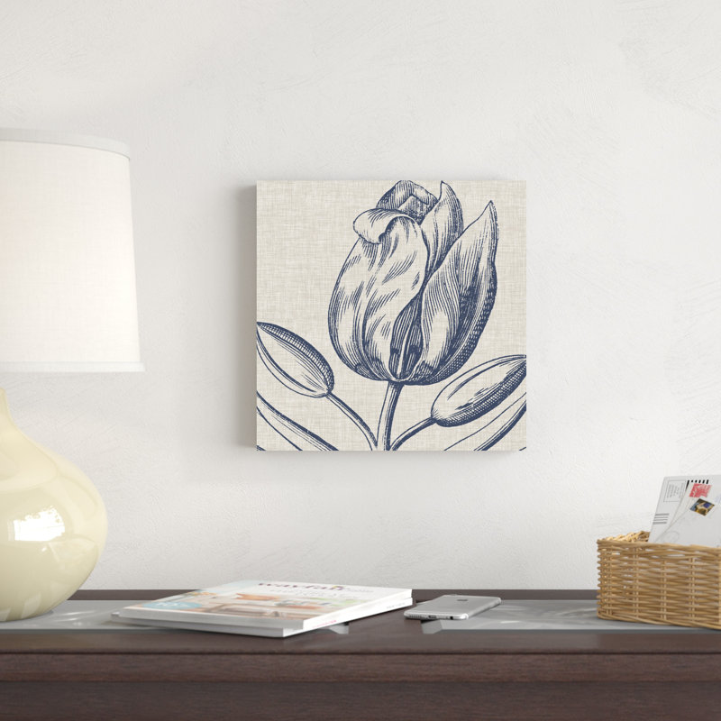 Indigo floral sur lin IV, H 12 po x l 12 po x P 1,25 po