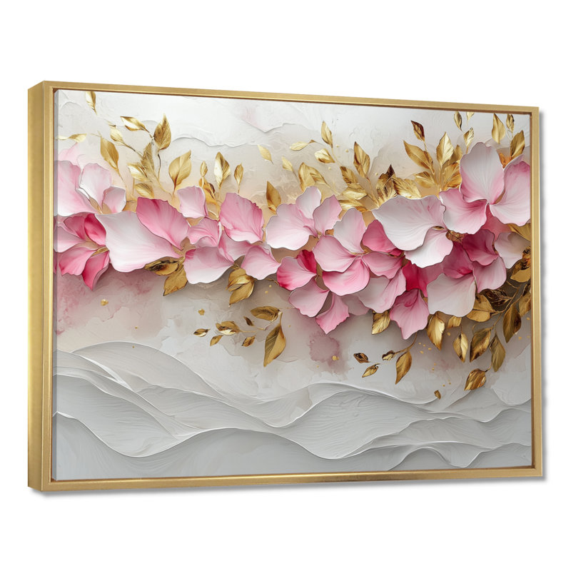Or rose, veines élégantes de pétales de fleurs I - fleurs abstraites, art mural, H 30 po x l 40 po, Doré