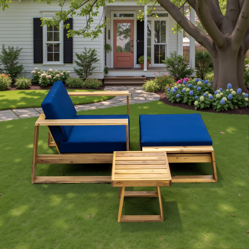 Modern 3-Piece Acacia Wood Outdoor Lounge Set With Deep Seating Cushions, Patio Chair With Ottoman And Side Table, Blue
