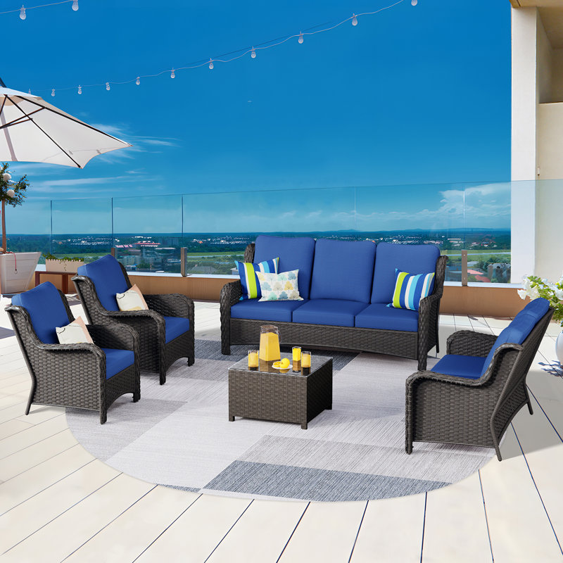 Ilkeston 5 Piece Sofa Seating Group with Cushions, Navy/Brown