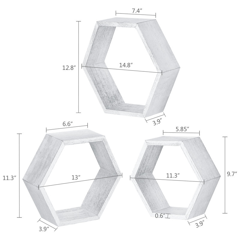3 Piece Hexagon Solid Wood Floating Shelf, Gray