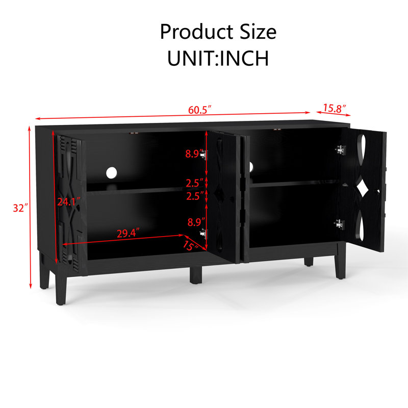 Buffet 60,5 "Mid Century Modern Buffet avec rangement - Noir, Noir