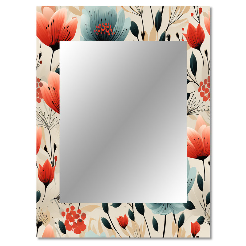 Deborha Vintage Romance Red Floral Bliss - Floral Wall Mirror, Floral Decorative Mirror, Printed Metal Art, 40" x 30"