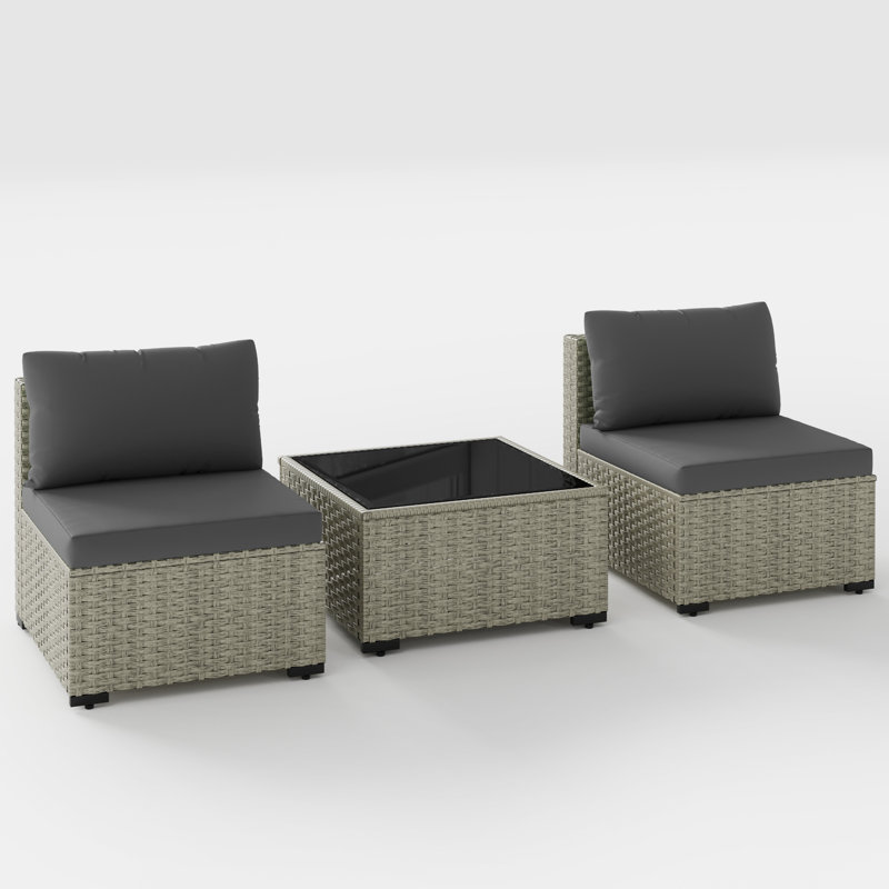 Ensemble de conversation en rotin 3 pièces avec coussins 3 pièces, Gris