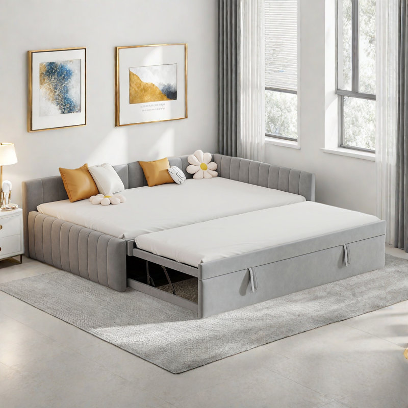 Upholstered L-shaped Daybed With Pop Up Trundle And Vertical Stripe Patterns, Gray