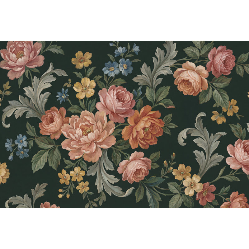 Papier peint floral, élégante murale rétro, 140" x 108", Peler et coller