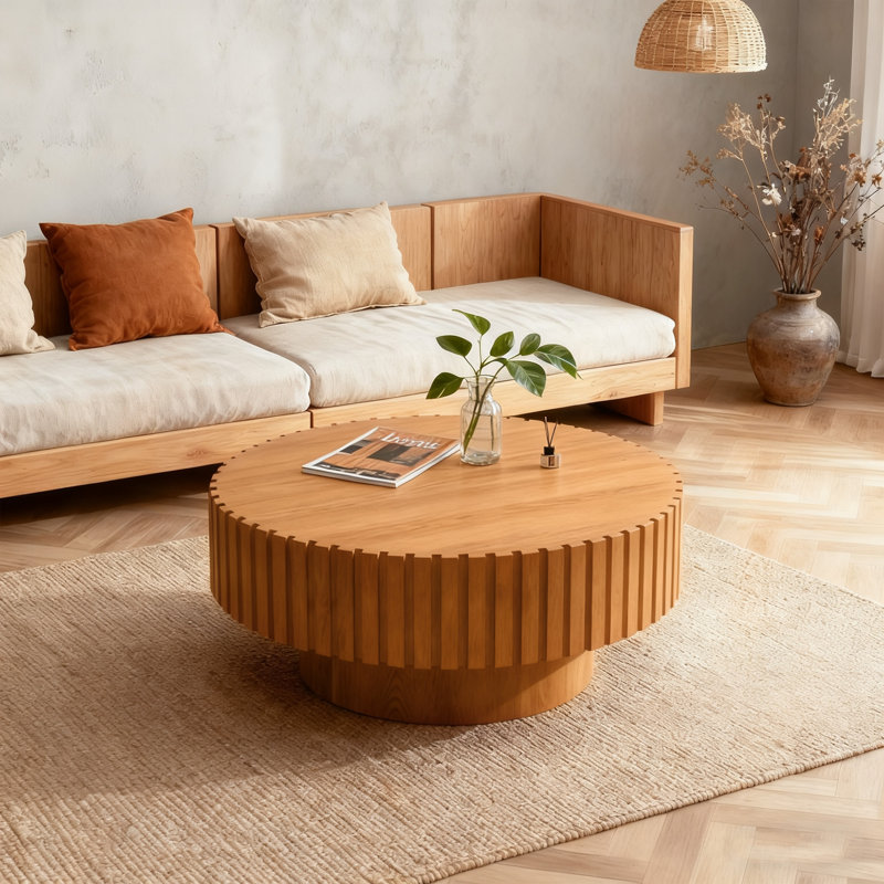 Table basse de 31,5 po en bois d'olivier rond moderne en bois massif avec cannelures en bois massif pour le salon