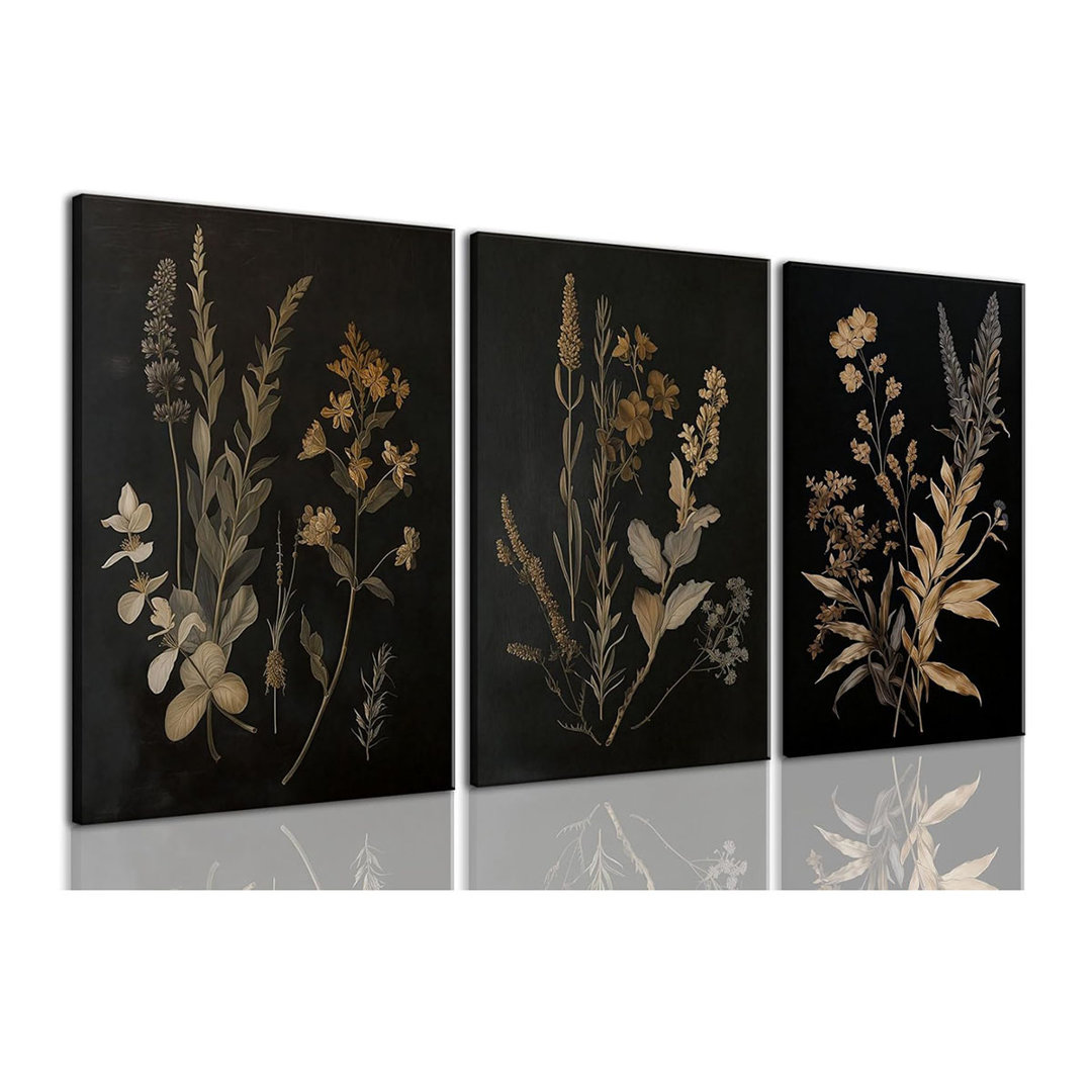 3 Piece Moody Botanical Canvas Wall Art Vintage Floral Wall Art Boho Dark Flower Decor Black Wildflower Art Prints For Living Room Bedroom16x24in Fram