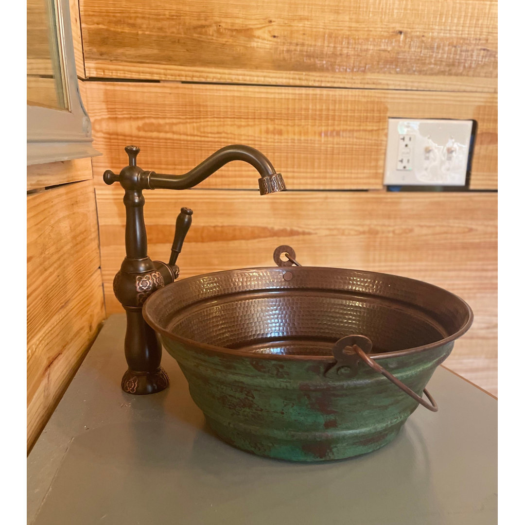 15" Round Copper Vessel BUCKET Bathroom Sink with Green Patina Exterior, Drain Included SimplyCopper