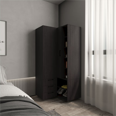 Sleek black MDF corner armoire with double doors, integrated shelving, and hanging rod for space-saving bedroom storage