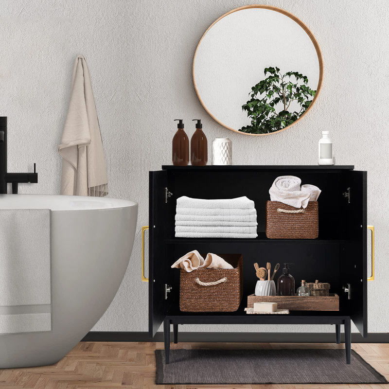 Black Modern Storage Cabinet with Metal Base and Doors
