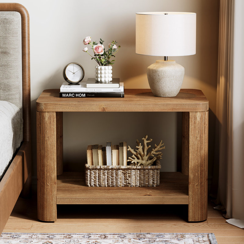 Solid Wood End Table, 2-Tier Couch Side Table with Storage, Rectangle Bedside Nightstand Table for Bedroom, Living Room