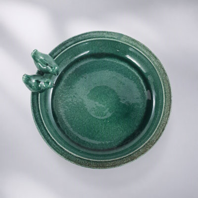 Handmade Ceramic Bird Bath, 11.8 Inch Forest Green Outdoor Bowl with Vintage Bird Ornaments for Garden and Patio Decor