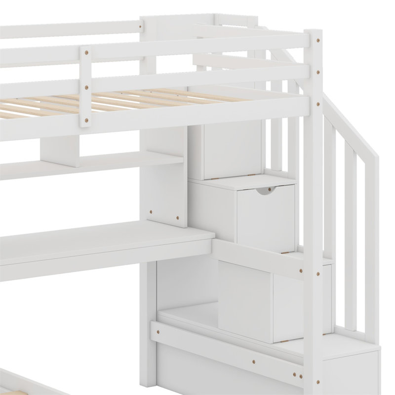 Lit mezzanine avec bureau intégré, escalier, compartiments de rangement et tablettes, Blanc