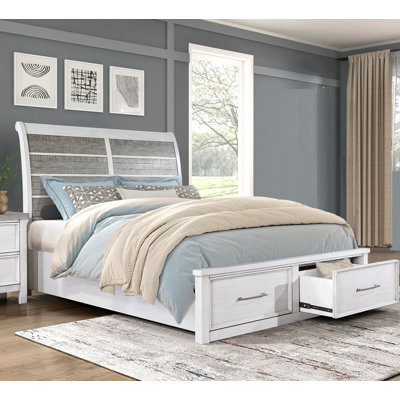 Grand lit plateforme antique blanc et gris avec rangement au pied de lit et meubles de style classique en bois 1pc