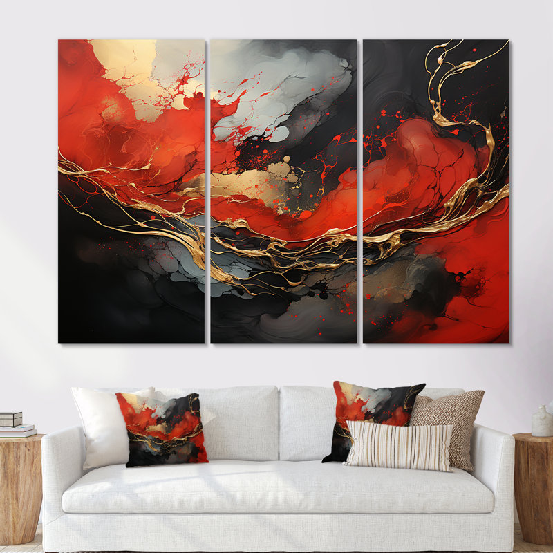 Rouge et or feu de marbre III - art mural abstrait, Toile tendue, H 40 po x l 61 po x P 1 po