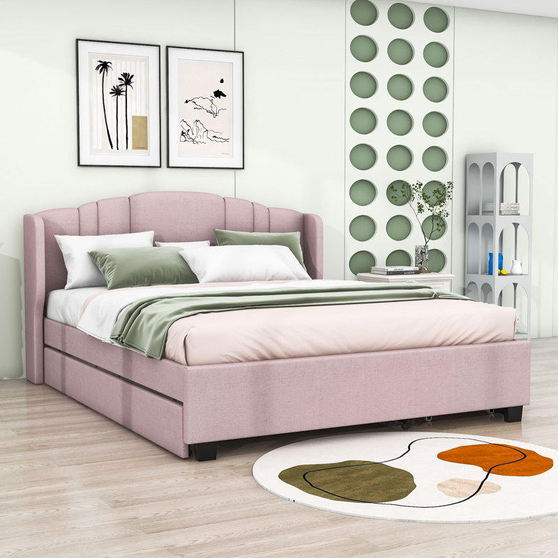 Lit de rangement tapissier festonné Fershteh, Rose