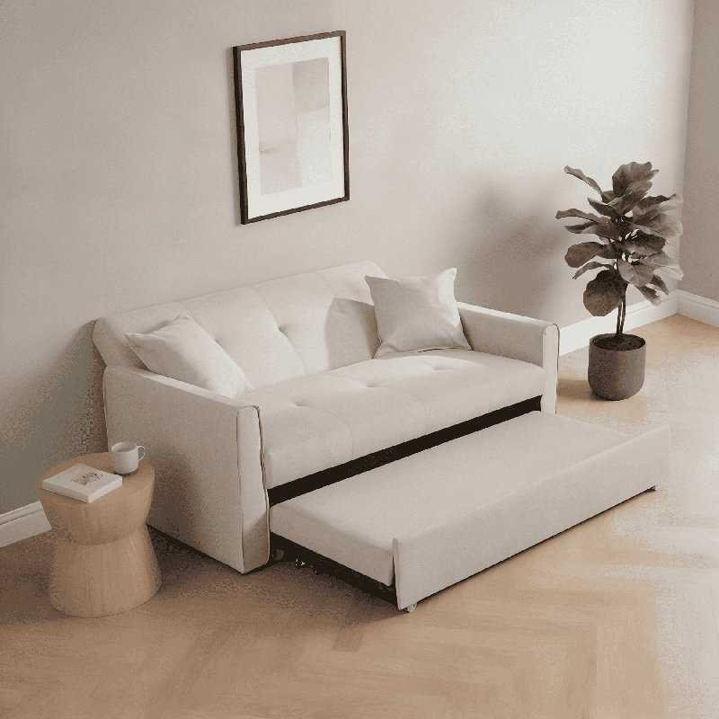 Nyrell 2 Seater Extra Wide Fabric Sofa Bed, Beige Linen