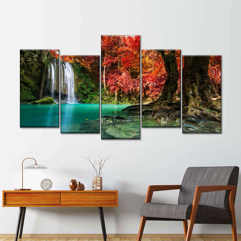 Red Waterfall - 5 pièces, reproduction sur toile tendue, H 40 po x l 80 po x P 1,25 po