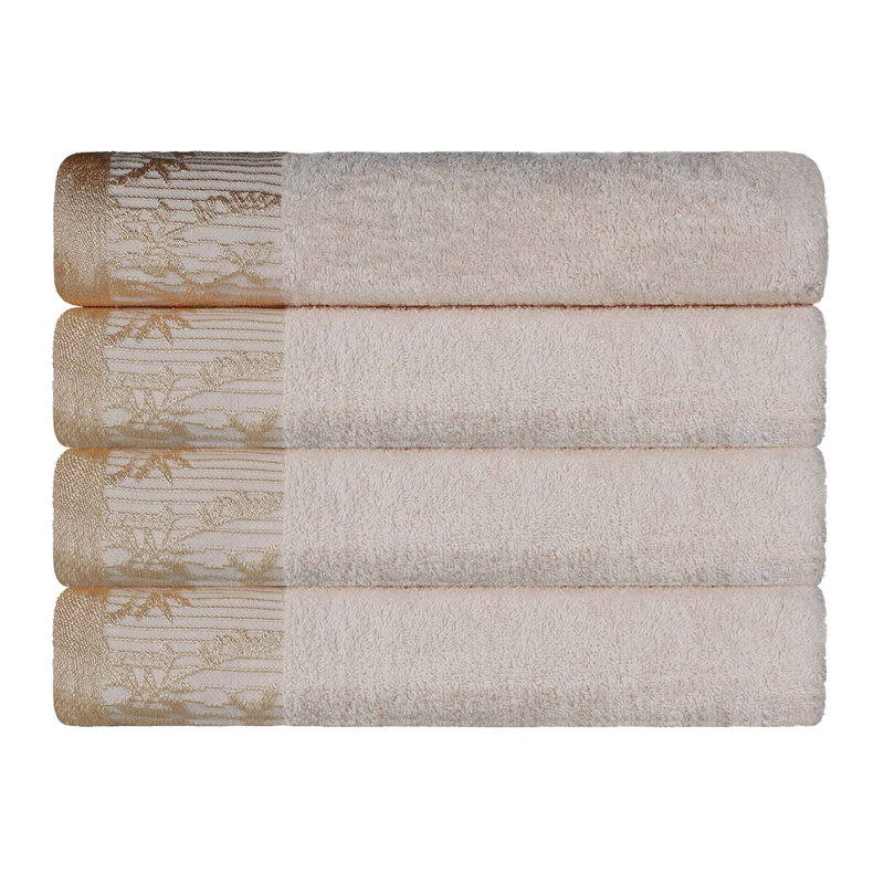 Carinna Cotton Medium Weight Floral Jacquard Border Assorted Bathroom Towel Set, Ivory, Bath Towels - 4 Pack