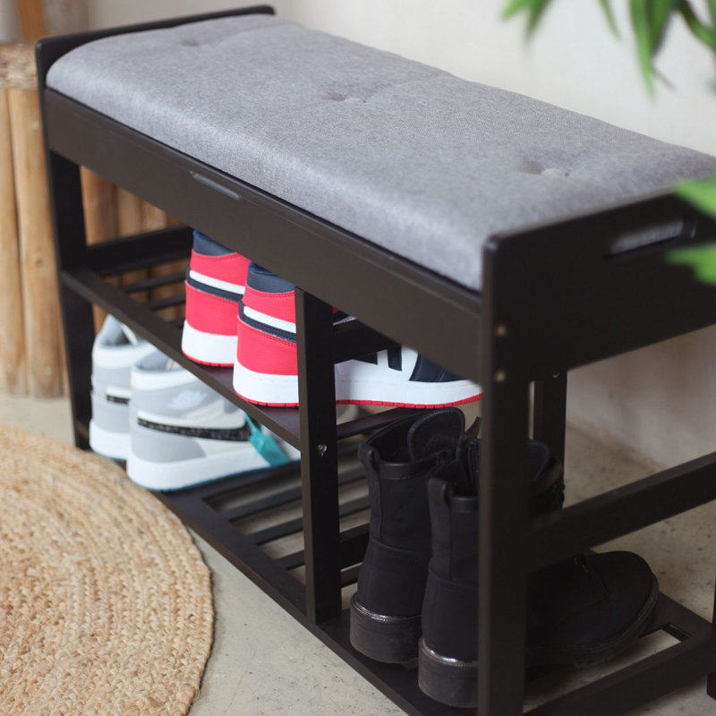 Froppi Shoe Bench with Grey Padded Seat and Hidden Storage | 2-Tier Wooden Shoe Rack L80 W29.5 H49 cm, Black
