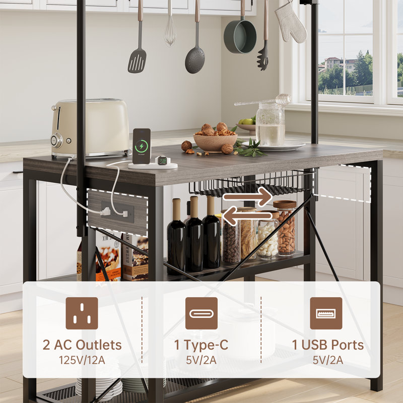 Îlot de cuisine à 3 niveaux avec tablettes de rangement et support suspendu, chariot de cuisine industriel avec prises de courant